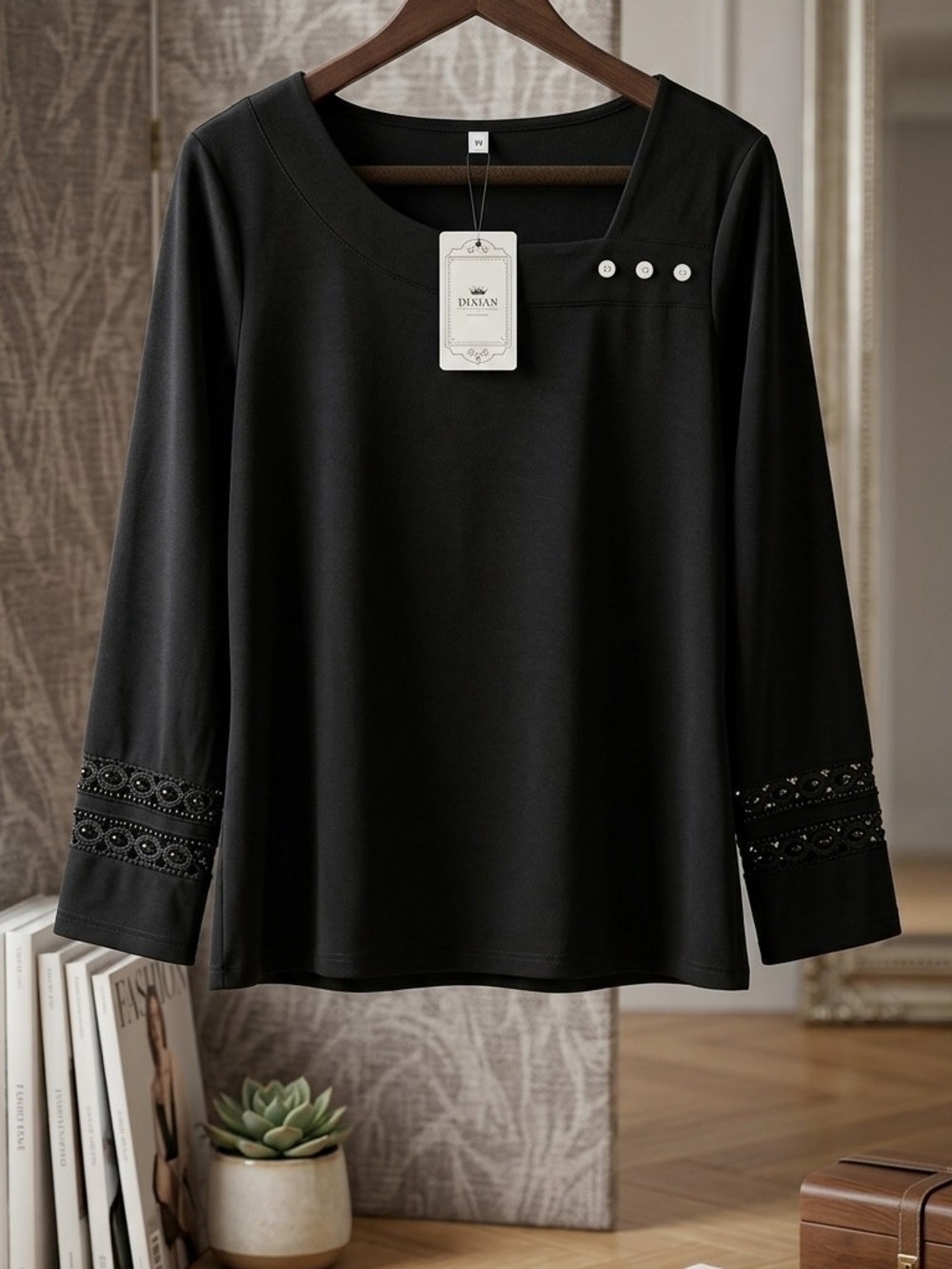 Black Women's Embellished Sleeve Long-Sleeve Top